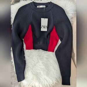 NWT Zara Dark Blue and Red Knit cropped Sweater Size S